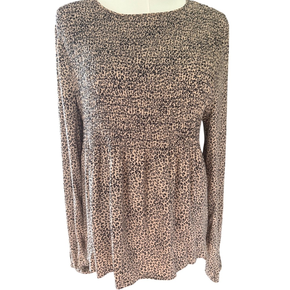 Urban Romantics Leopard Print Smocked Long Sleeve Rayon Blouse Tan Black Large